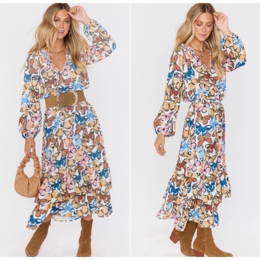 Show Me Your Mumu Butterfly Print Smocked Waist Midi Dress Large